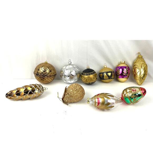 Lot of 10 Holiday Ornaments Christmas Glitter Bulbs Balls Pinecone Gold - Picture 1 of 16